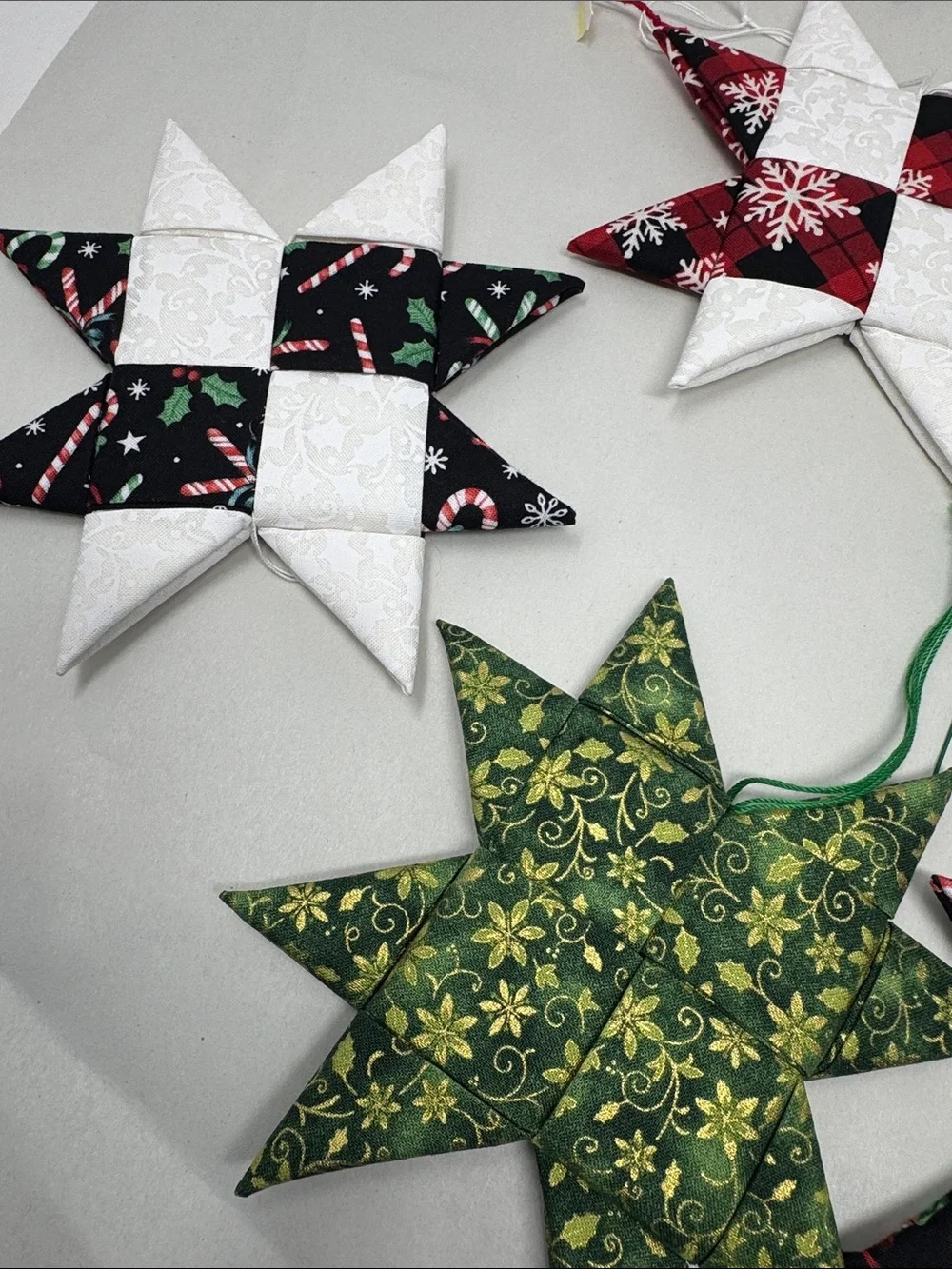 HANDMADE FOLDED FABRIC FOLDED STARS CHRISTMAS ORNAMENTS QUILT LOT OF 11 BOHO